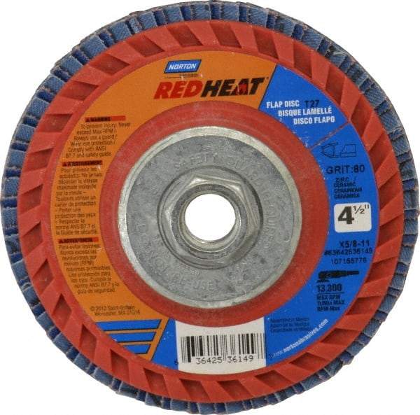 Norton - 80 Grit, 4-1/2" Disc Diam, 5/8-11 Center Hole, Type 27 Ceramic Flap Disc - 13,000 Max RPM, Plastic Backing, Arbor Attaching System, Coated - Exact Tool & Supply
