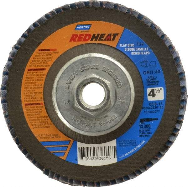Norton - 40 Grit, 4-1/2" Disc Diam, 5/8-11 Center Hole, Type 29 Ceramic Flap Disc - 13,000 Max RPM, Fiberglass Backing, Arbor Attaching System, Coated - Exact Tool & Supply