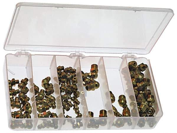 Precision Brand - 90 Piece, Inch, Grease Fitting Set - Includes (30) 1/8 NPT x Straight, (5) 1/8 NPT x 45°, (5) 1/8 NPT x 90°, Grease Fittings: (30)1/4-28 x Straight, (10) 1/4-28 x 45°, (10) 1/4-28 x 90° - Exact Tool & Supply