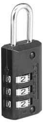 Master Lock - 1-3/16" Body Width, 7/8" Shackle Clearance, Die Cast Zinc Black Finish Combination Lock - 1/8" Shackle Diam, 3/8" Shackle Width - Exact Tool & Supply