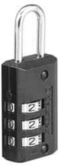 Master Lock - 1-3/16" Body Width, 7/8" Shackle Clearance, Die Cast Zinc Black Finish Combination Lock - 1/8" Shackle Diam, 3/8" Shackle Width - Exact Tool & Supply