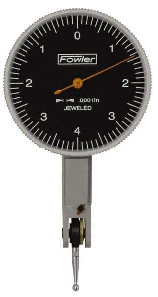 Fowler - 0.008 Inch Range, 0.0001 Inch Dial Graduation, Horizontal Dial Test Indicator - 1-1/2 Inch Black Dial, 0-4-0 Dial Reading - Exact Tool & Supply