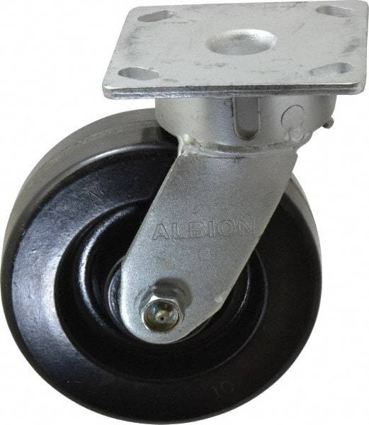 Albion - 6" Diam x 2" Wide x 7-1/2" OAH Top Plate Mount Swivel Caster - Phenolic, 1,200 Lb Capacity, Roller Bearing, 4 x 4-1/2" Plate - Exact Tool & Supply