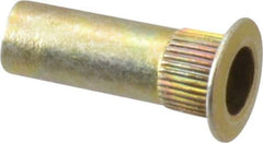 Made in USA - #6-32, 0.265 Insert Diam, 0.74" OAL, Knurled Body Closed End Threaded Insert - 0.2656" Hole Diam, 0.39" Head Diam, 1008/1010 Steel, Clear Protective Coating & Zinc Yellow Dichromate Finish - Exact Tool & Supply