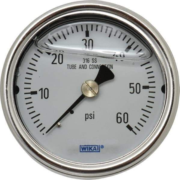 Wika - 2-1/2" Dial, 1/4 Thread, 0-60 Scale Range, Pressure Gauge - Center Back Connection Mount, Accurate to 2-1-2% of Scale - Exact Tool & Supply