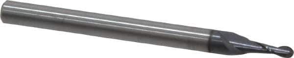 SGS - 1/16" Diam, 3/16" LOC, 2 Flute Solid Carbide Ball End Mill - AlTiN Finish, Single End, 1-1/2" OAL, 1/8" Shank Diam, Spiral Flute - Exact Tool & Supply