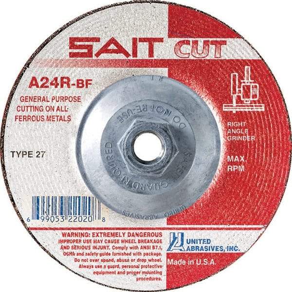 Sait - 24 Grit, 4-1/2" Wheel Diam, 3/32" Wheel Thickness, Type 27 Depressed Center Wheel - Aluminum Oxide, Resinoid Bond, R Hardness, 13,300 Max RPM, Compatible with Angle Grinder - Exact Tool & Supply