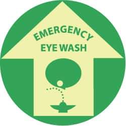 NMC - Emergency Eye Wash, Anti-Skid Polyester Floor Sign - Round, Green on Yellow (Glow), Adhesive Backed, For First Aid - Exact Tool & Supply
