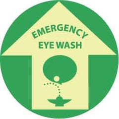 NMC - Emergency Eye Wash, Anti-Skid Polyester Floor Sign - Round, Green on Yellow (Glow), Adhesive Backed, For First Aid - Exact Tool & Supply