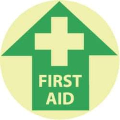 NMC - First Aid, Anti-Skid Polyester Floor Sign - Round, Green on Yellow (Glow), Adhesive Backed, For First Aid - Exact Tool & Supply