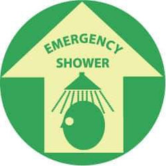 NMC - Emergency Shower, Anti-Skid Polyester Floor Sign - Round, Green on Yellow (Glow), Adhesive Backed, For First Aid - Exact Tool & Supply