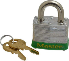 Master Lock - Keyed Alike Retaining Key Conductive Lockout Padlock - 3/4" Shackle Clearance, 9/32" Shackle Diam, 1-1/4" Body Height x 1-9/16" Body Width, Green, 4 Pins - Exact Tool & Supply