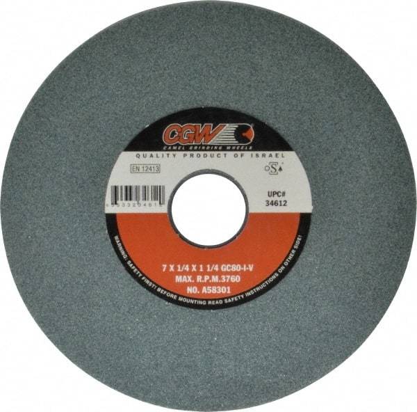 Camel Grinding Wheels - 7" Diam x 1-1/4" Hole x 1/4" Thick, I Hardness, 80 Grit Surface Grinding Wheel - Silicon Carbide, Type 1, Medium Grade, 3,760 Max RPM, Vitrified Bond, No Recess - Exact Tool & Supply