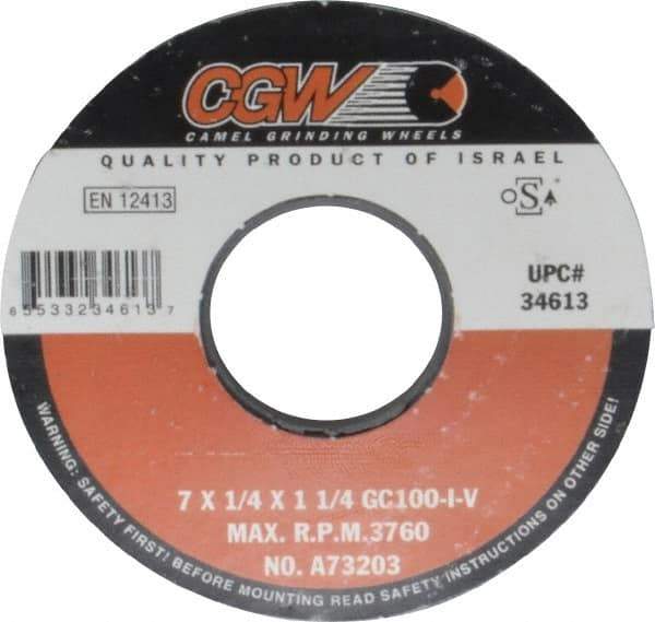 Camel Grinding Wheels - 7" Diam x 1-1/4" Hole x 1/4" Thick, I Hardness, 100 Grit Surface Grinding Wheel - Silicon Carbide, Type 1, Fine Grade, 3,760 Max RPM, Vitrified Bond, No Recess - Exact Tool & Supply