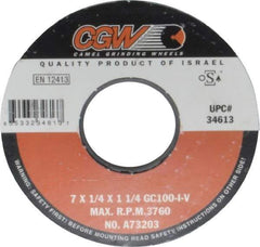 Camel Grinding Wheels - 7" Diam x 1-1/4" Hole x 1/4" Thick, I Hardness, 100 Grit Surface Grinding Wheel - Silicon Carbide, Type 1, Fine Grade, 3,760 Max RPM, Vitrified Bond, No Recess - Exact Tool & Supply
