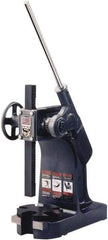 Dake - 1-1/4" Ram, 7" Throat Depth, 3 Ton Manual Arbor Press - 10-3/4" Max Work Height x 14" Max Work Width, Ratchet Leverage, 48:1 Leverage Ratio, 7-1/4" Base Width x 18" Base Depth - Exact Tool & Supply