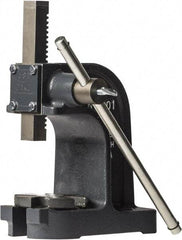 Dake - 1" Ram, 3-1/2" Throat Depth, 1 Ton Manual Arbor Press - 4-1/2" Max Work Height x 7" Max Work Width, Single Leverage, 25:1 Leverage Ratio, 4-1/4" Base Width x 9" Base Depth - Exact Tool & Supply