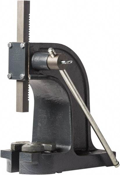 Dake - 1" Ram, 4-1/2" Throat Depth, 1-1/2 Ton Manual Arbor Press - 7-1/8" Max Work Height x 9" Max Work Width, Single Leverage, 32:1 Leverage Ratio, 6" Base Width x 14" Base Depth - Exact Tool & Supply