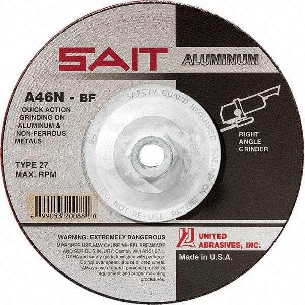Sait - 46 Grit, 7" Wheel Diam, 1/4" Wheel Thickness, Type 27 Depressed Center Wheel - Aluminum Oxide, Resinoid Bond, N Hardness, 8,500 Max RPM, Compatible with Angle Grinder - Exact Tool & Supply