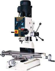 Rong Fu - 3 Phase, 20" Swing, Geared Head Mill Drill Machine - 28-3/4" Table Length x 8-1/4" Table Width, 18-1/8" Longitudinal Travel, 9" Cross Travel, 6 Spindle Speeds, 1 hp, 220 Volts - Exact Tool & Supply