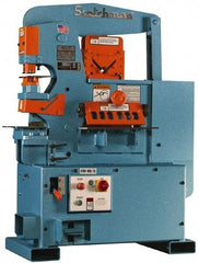 Scotchman - 12" Throat Depth, 90 Ton Punch Pressure, 1-1/8" in 1" Punch Capacity Ironworker - 5 hp, 3 Phase, 208/380/575 (Standard), 230 (Optional) & 230/240 (Standard) Volts, 76" Wide x 70" High x 26" Deep - Exact Tool & Supply