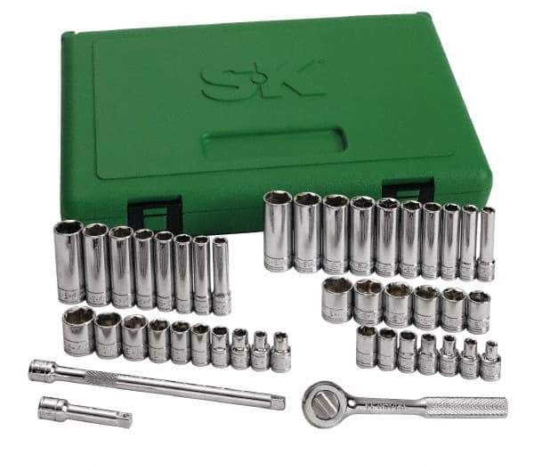 SK - 44 Piece 1/4" Drive Standard Deep Socket Set - 6 Points, 3/16 to 9/16", 4 to 15mm, Inch/Metric Measurement Standard - Exact Tool & Supply