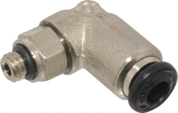 Alpha Technologies - 4mm Outside Diam, M5 Metric, Nickel Plated Brass Push-to-Connect Tube Male Swivel Elbow - 250 Max psi, Tube to Metric Thread Connection, Buna O-Ring - Exact Tool & Supply