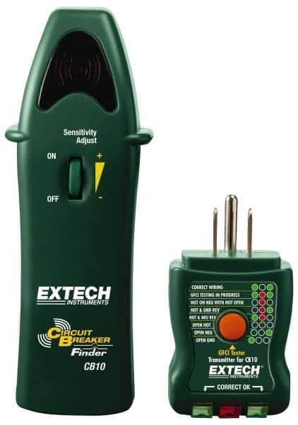 Extech - 110 to 125 VAC, 47 to 63 Hz, LED Display Circuit Breaker Finder - 9 Volt, Includes Battery, GFCI Transmitter, Receiver - Exact Tool & Supply
