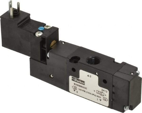Parker - 1/8", 3-Way Body Ported Stacking Solenoid Valve - 24 VDC, 0.75 CV Rate, Air Return, 2.14" High x 4.2" Long - Exact Tool & Supply