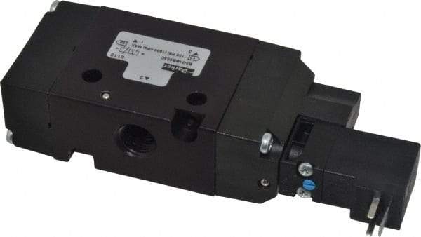 Parker - 1/4", 3-Way Body Ported Stacking Solenoid Valve - 120 VAC, 1.4 CV Rate, Air Return, 2.4" High x 5.29" Long - Exact Tool & Supply