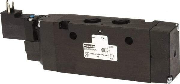 Parker - 3/8", 4-Way Body Ported Stacking Solenoid Valve - 24 VDC, 2.7 CV Rate, Air Return, 2.4" High x 6.67" Long - Exact Tool & Supply
