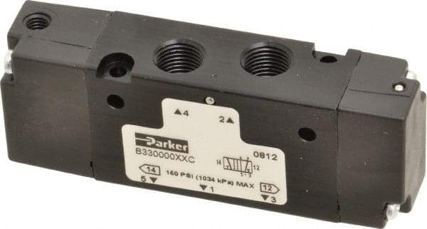 Parker - 1/8", 4-Way Body Ported Stacking Solenoid Valve - 0.75 CV Rate, Air Return, 1.13" High x 2.65" Long - Exact Tool & Supply