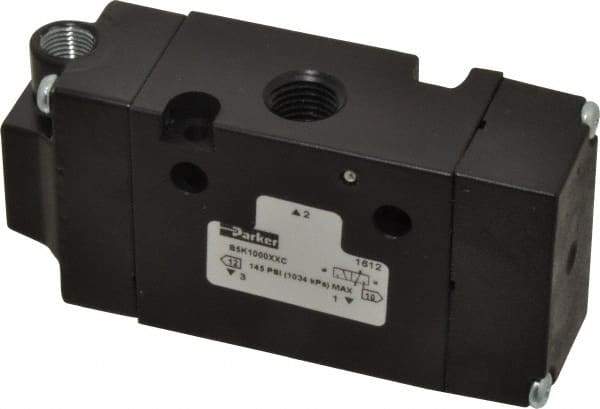 Parker - 1/4", 3-Way Body Ported Stacking Solenoid Valve - 1.4 CV Rate, Air Return, 1.89" High x 3.88" Long - Exact Tool & Supply