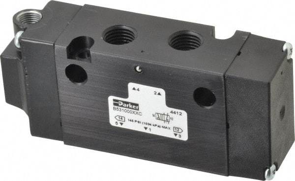 Parker - 1/4", 4-Way Body Ported Stacking Solenoid Valve - 1.4 CV Rate, Air Return, 1.89" High x 4.37" Long - Exact Tool & Supply
