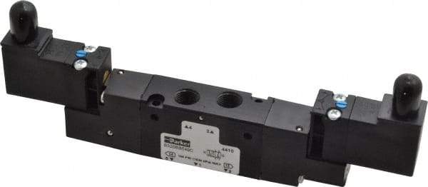 Parker - 1/8", 4-Way Body Ported Stacking Solenoid Valve - 24 VDC, 0.75 CV Rate, 2.14" High x 6.44" Long - Exact Tool & Supply