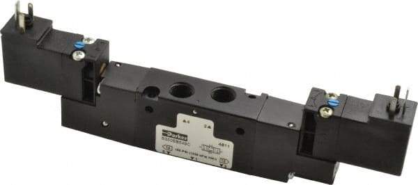 Parker - 1/8", 4-Way Body Ported Stacking Solenoid Valve - 24 VDC, 0.6 CV Rate, 2.14" High x 6.44" Long - Exact Tool & Supply