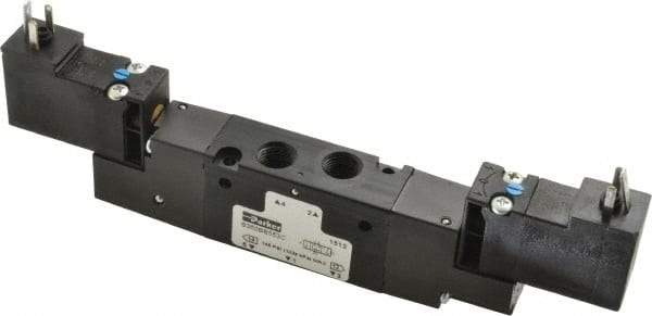 Parker - 4-Way Body Ported Stacking Solenoid Valve - 120 VAC, 0.6 CV Rate, 6.44" Long - Exact Tool & Supply