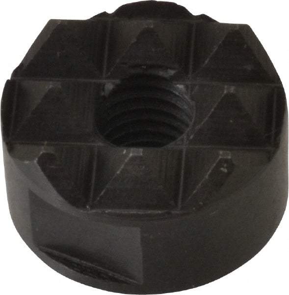 Fairlane - 1/4-28 Thread, 5/8" Diam, 3/8" High, Threaded, Coarse Tooth Grade Diamond Serration Tooth Pattern, High Speed Steel, Round Positioning Gripper - 3/16" Flat Width, Black Oxide Coated - Exact Tool & Supply
