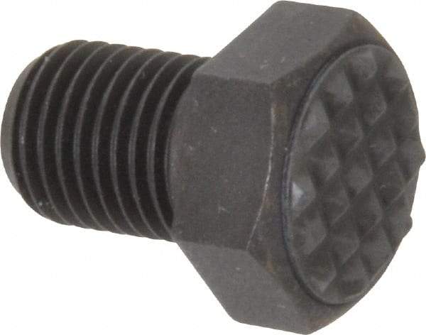 Fairlane - Serrated Tooth, 3/8-24, 1/2" Shank Length, 1/2" Thread Length, Black Oxide Finish, Hex Head, Adjustable Positioning Gripper - 1/2" Pad Diam, 9/16" Hex, 9/32" Head Height, Extra Fine Tooth Grade - Exact Tool & Supply
