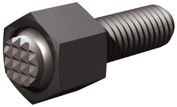 Fairlane - 1/4-20, 1" Thread Length, 1/4" Ball Diam, Serrated Ball Pad Surface, Alloy Steel, Black Oxide, Hex Head, Swivel Action Gripper Assemblies - 3/8" Head Height, 7/16" Hex, 1/4" Contact Diam, High Speed Steel Ball - Exact Tool & Supply