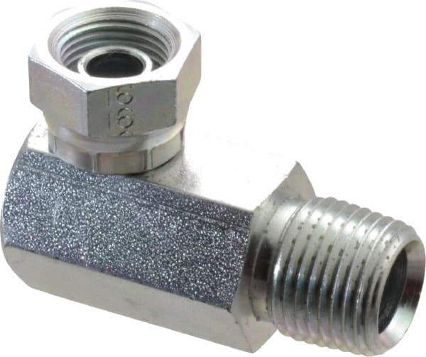 Weatherhead - 1/2-14 Male Thread x 3/8-18 Female Thread, Steel Industrial Pipe 90° Elbow Adapter - FNPSM x MNPT, 2,500 psi - Exact Tool & Supply