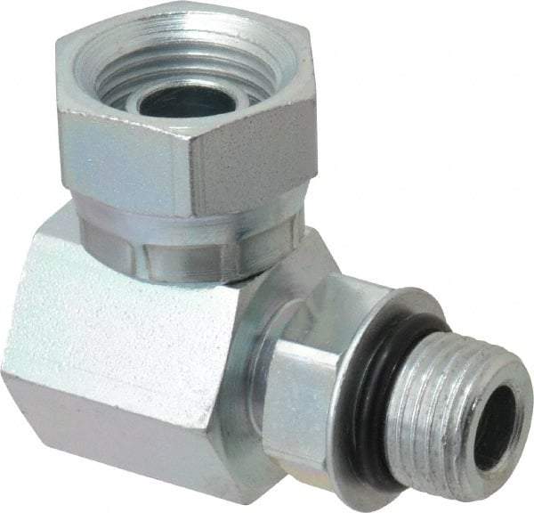 Weatherhead - 9/16-18 Male Thread x 3/8-18 Female Thread, Steel Industrial Pipe 90° Elbow Adapter - FNPSM x Male Straight Thread O-Ring, 2,500 psi - Exact Tool & Supply