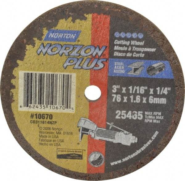 Norton - 3" Ceramic Cutoff Wheel - 1/16" Thick, 1/4" Arbor, 25,465 Max RPM, Use with Die Grinders - Exact Tool & Supply