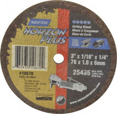 Norton - 3" Ceramic Cutoff Wheel - 1/16" Thick, 1/4" Arbor, 25,465 Max RPM, Use with Die Grinders - Exact Tool & Supply