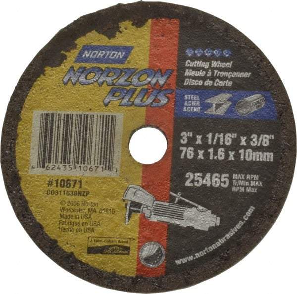 Norton - 3" Ceramic Cutoff Wheel - 1/16" Thick, 3/8" Arbor, 25,465 Max RPM, Use with Die Grinders - Exact Tool & Supply
