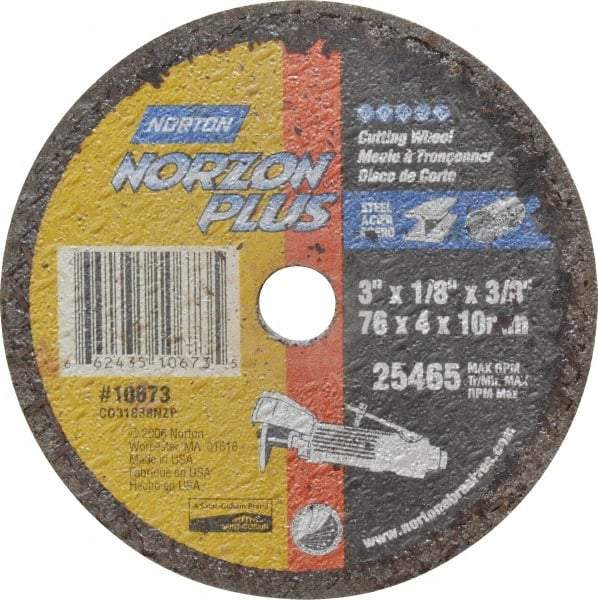 Norton - 3" Ceramic Cutoff Wheel - 1/8" Thick, 3/8" Arbor, 25,465 Max RPM, Use with Die Grinders - Exact Tool & Supply