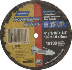 Norton - 4" 36 Grit Ceramic Cutoff Wheel - 1/16" Thick, 1/4" Arbor, 19,100 Max RPM, Use with Die Grinders - Exact Tool & Supply