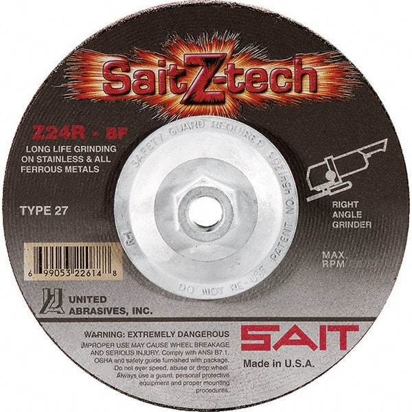 Sait - 24 Grit, 4-1/2" Wheel Diam, 1/4" Wheel Thickness, Type 27 Depressed Center Wheel - Zirconia Alumina, Resinoid Bond, R Hardness, 13,300 Max RPM, Compatible with Angle Grinder - Exact Tool & Supply