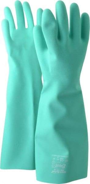 SHOWA - Size L (9), 19" Long, 22 mil Thick, Nitrile Chemical Resistant Gloves - Textured Finish, Slip-On Cuff, ANSI Abrasion Level 4, ANSI Cut Level 0, ANSI Puncture Level 1, Green, FDA Approved - Exact Tool & Supply
