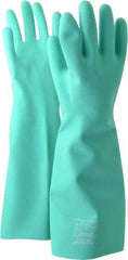 SHOWA - Size L (9), 19" Long, 22 mil Thick, Nitrile Chemical Resistant Gloves - Textured Finish, Slip-On Cuff, ANSI Abrasion Level 4, ANSI Cut Level 0, ANSI Puncture Level 1, Green, FDA Approved - Exact Tool & Supply